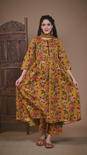 Musturd Yellow Floral Cotton Maternity Suit Sets With Dupatta