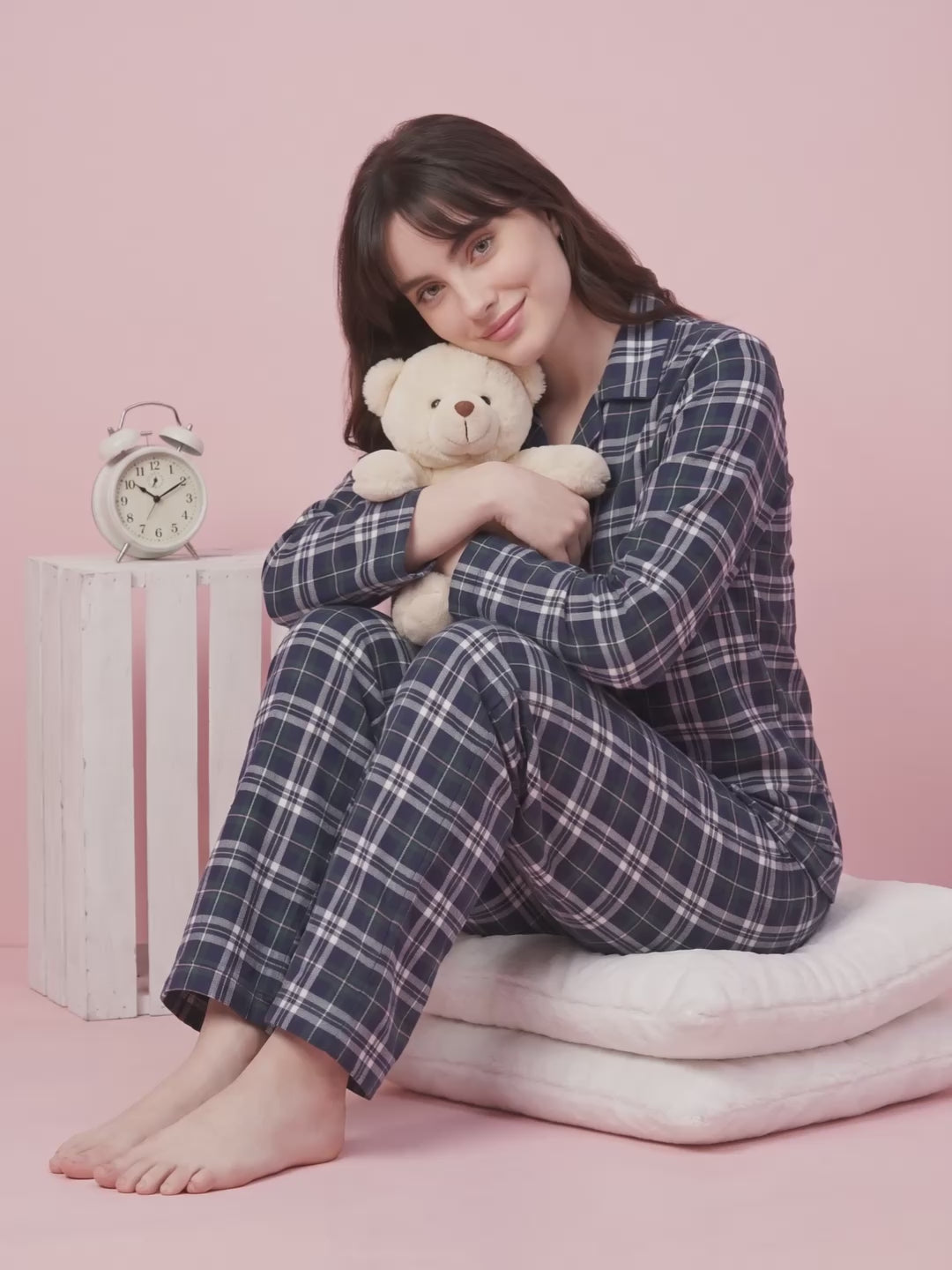 Navy Blue Checkered Flannel Flannel Night Suit