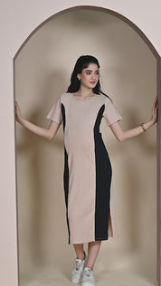 Beige & Black Solid Ribbed Maternity Bodycon Dress