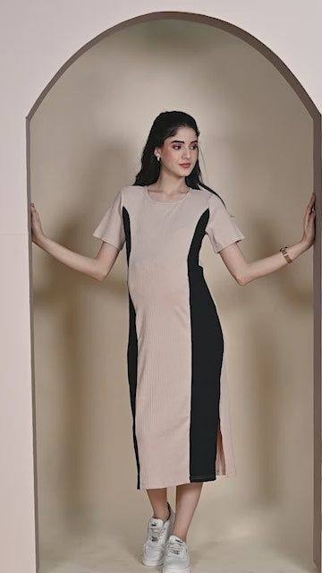 Beige & Black Solid Ribbed Maternity Bodycon Dress