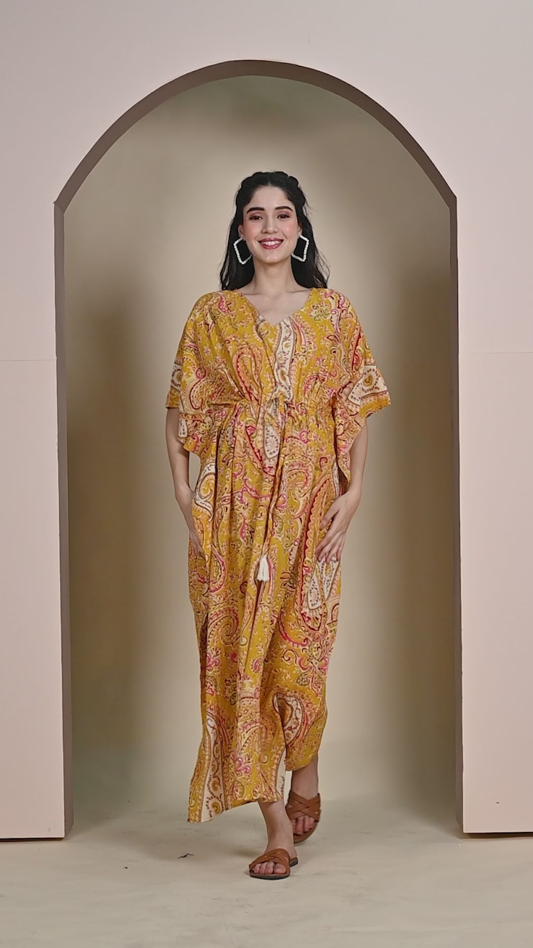 Printed Yellow Cotton Maternity Kaftan Full Length