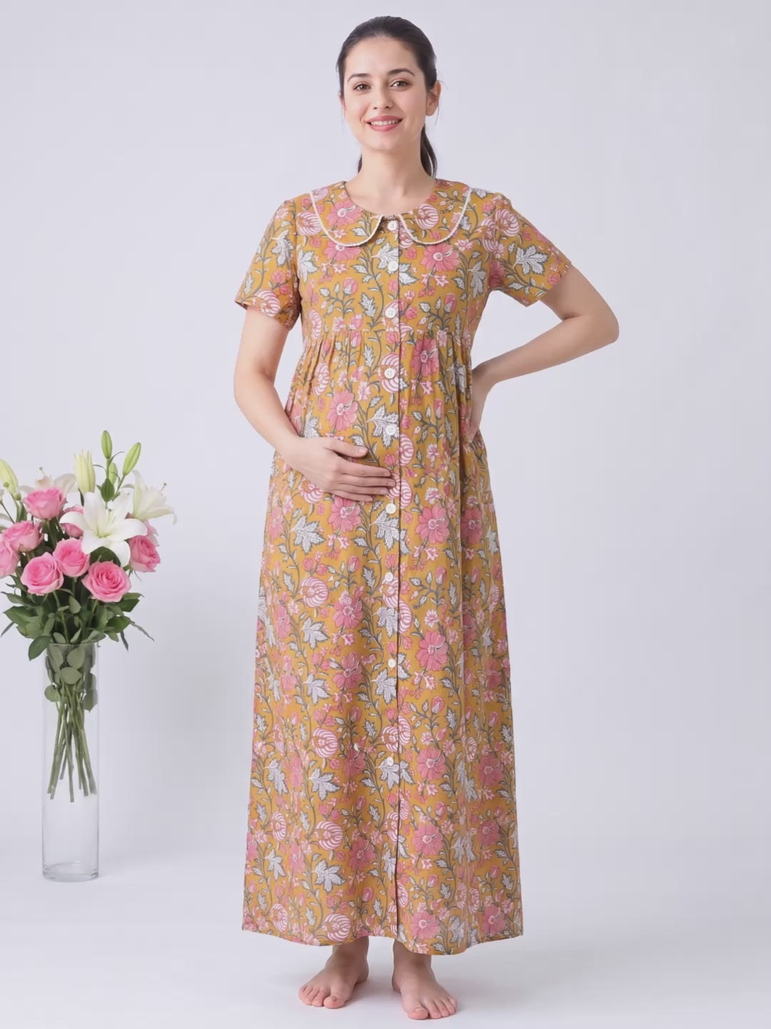 Mustard Floral Cotton Zipless Maternity Nighty