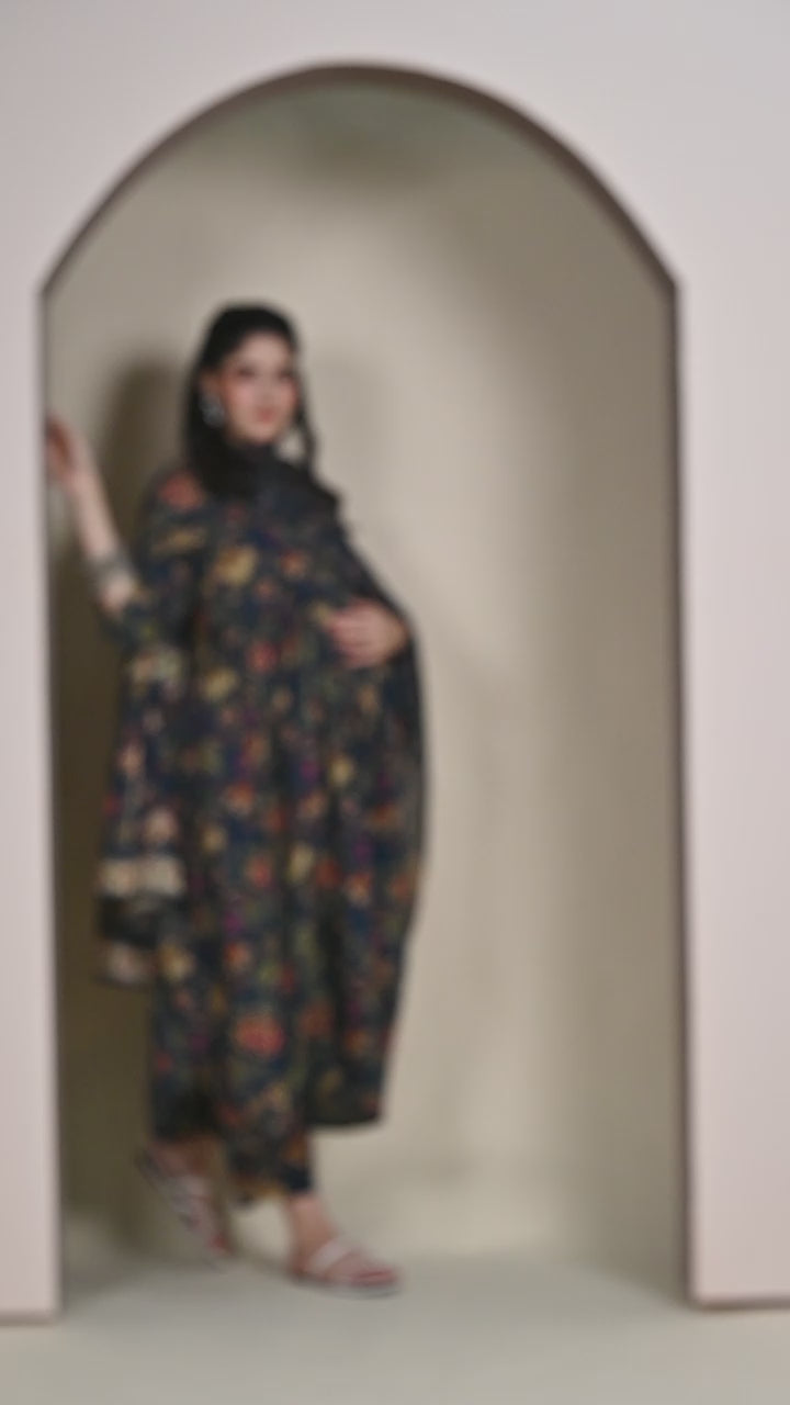 Navy Blue Floral Cotton Maternity Suit Sets With Dupatta