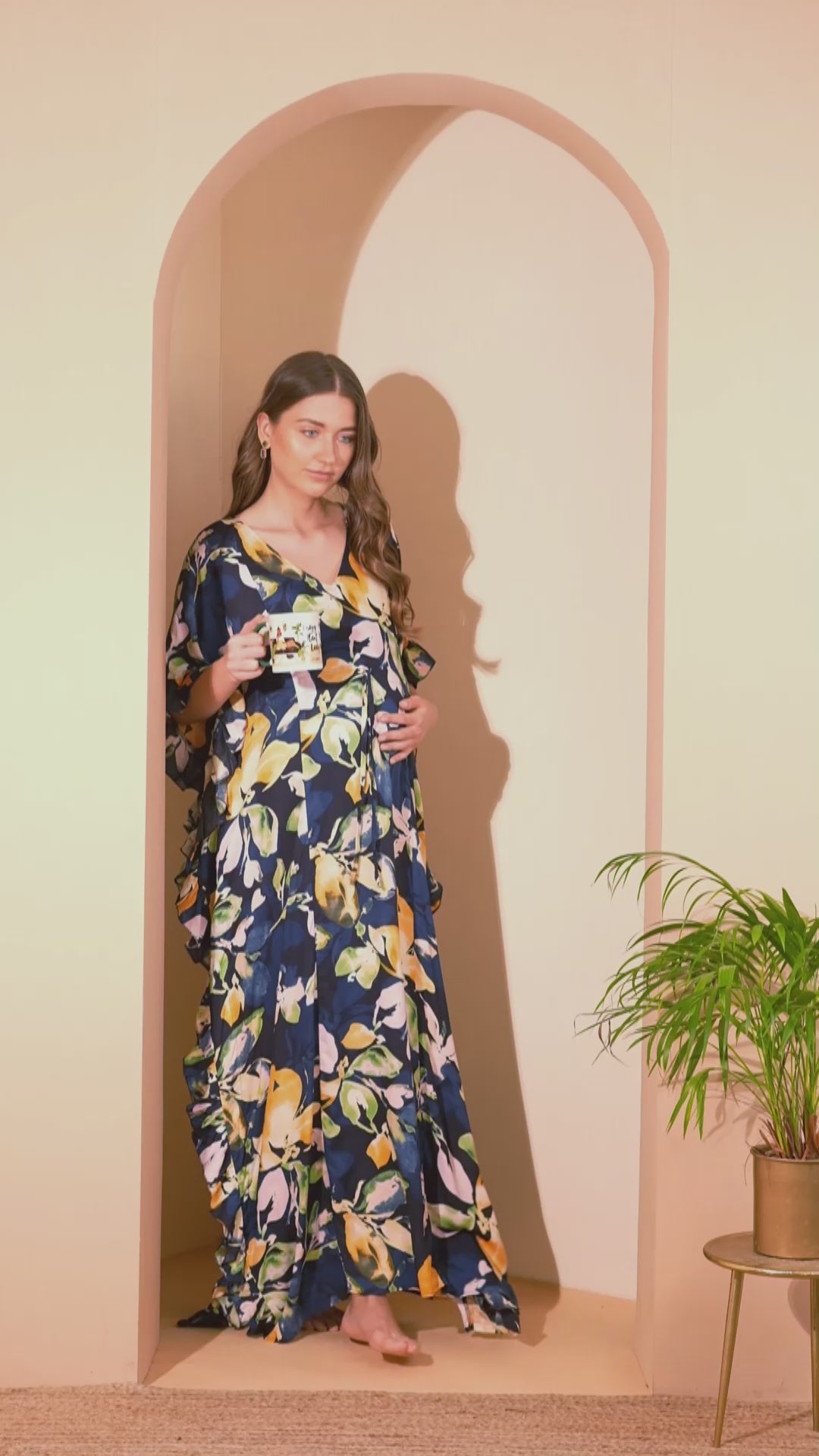 Navy Blue Floral Rayon Maternity Kaftan