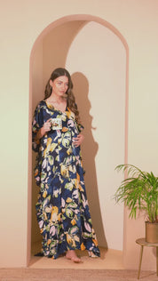 Navy Blue Floral Rayon Maternity Kaftan
