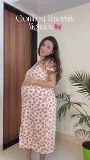 Beige Teddy Printed Hosiery Zipless Maternity Nighty