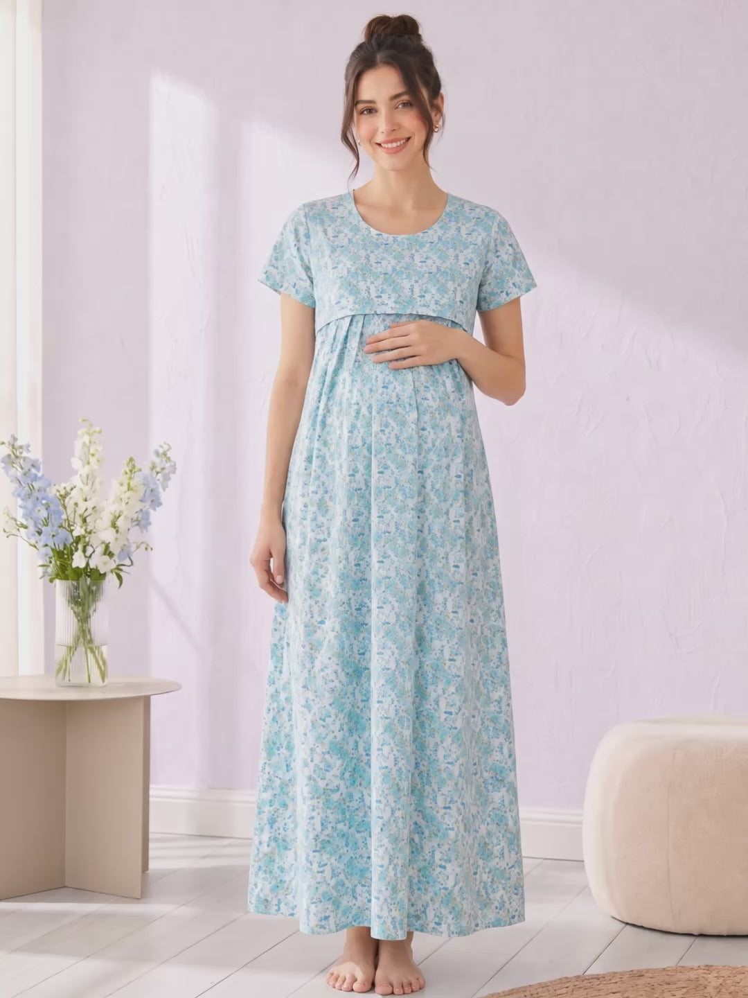 Blue Floral Cotton Maternity Nighty