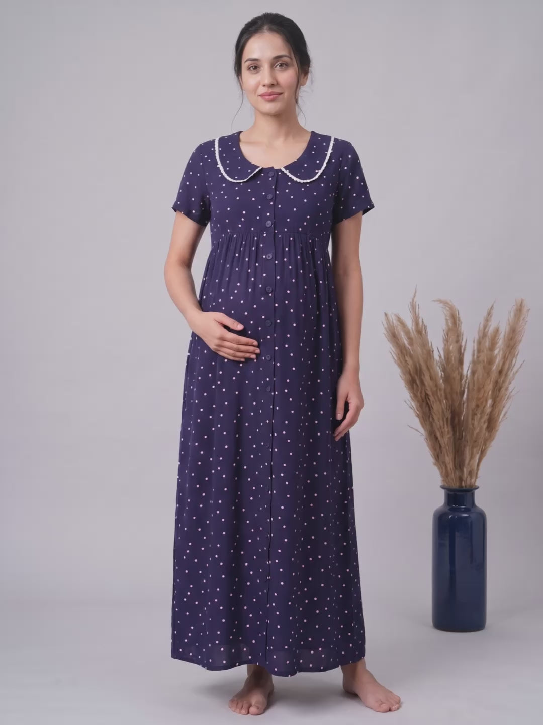 Navy Blue Polka Dot Peter Pan Rayon Zipless Maternity Nighty