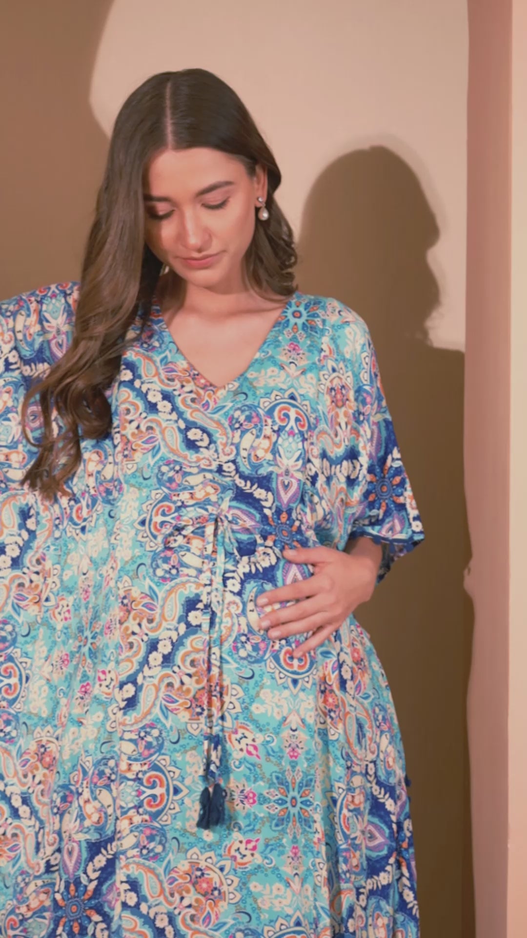 Floral Print Sky Blue Rayon Maternity Kaftan Full Length