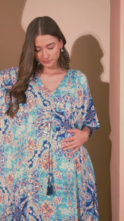 Floral Print Sky Blue Rayon Maternity Kaftan Full Length