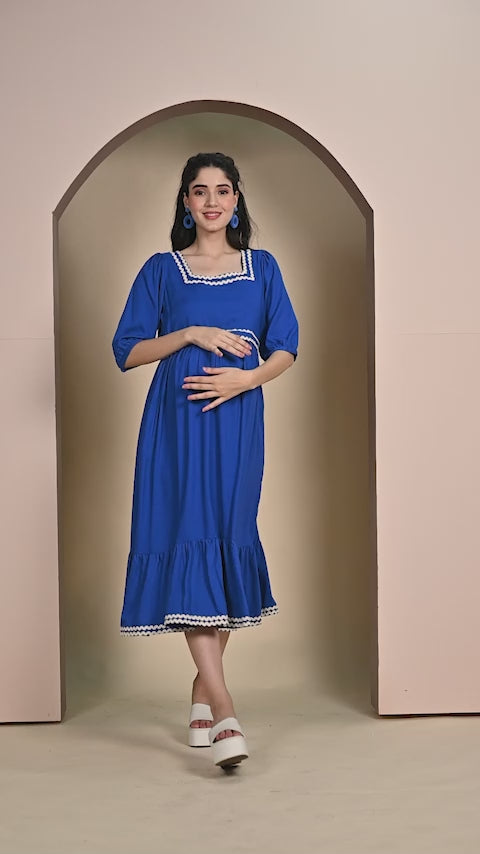 Blue Solid Rayon Maternity Dress