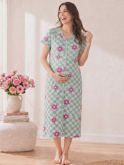 Green Gingham Floral  Hosiery Zipless Maternity Nighty