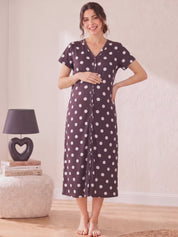 Burgundy Polka Dots Hosiery Zipless Maternity Nighty