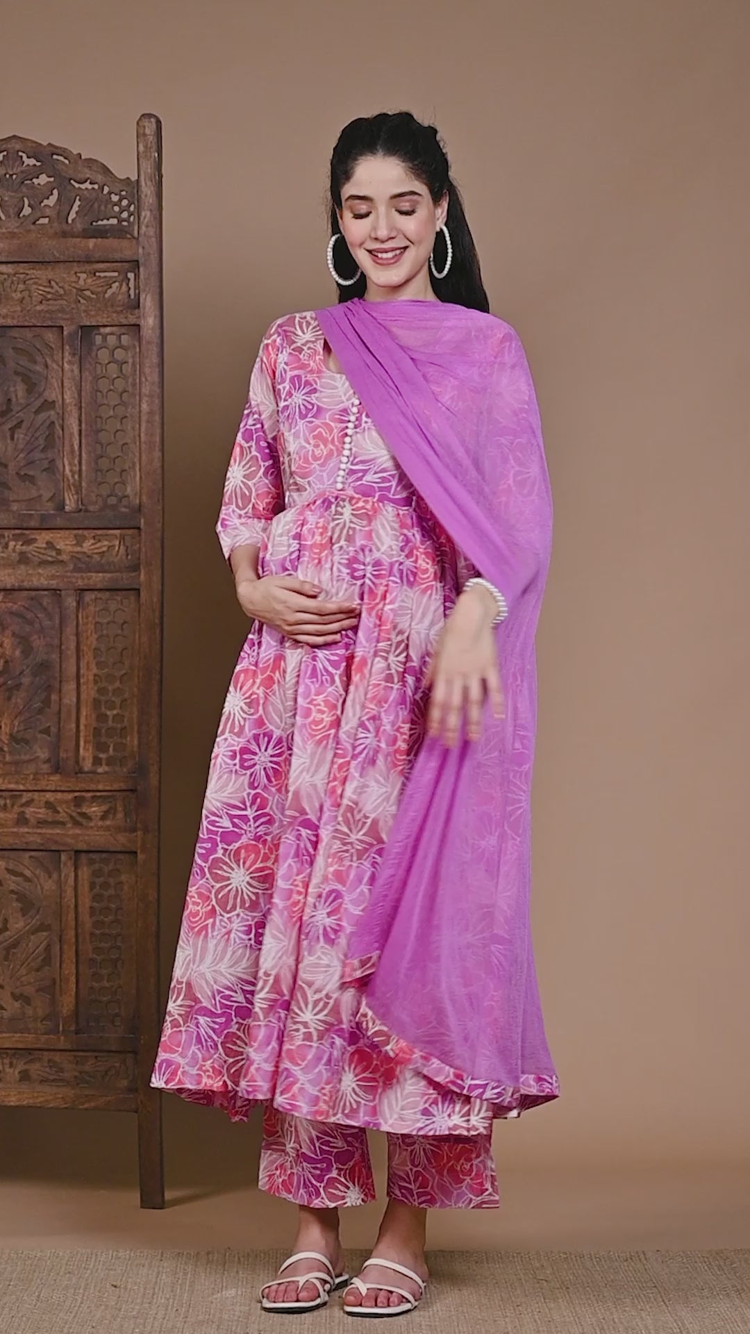 Pink Floral Cotton Maternity Kurta with Trouser and Dupatta