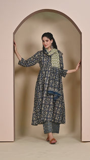 Blue Floral Cotton Calf Length Maternity Suit Sets With Dupatta