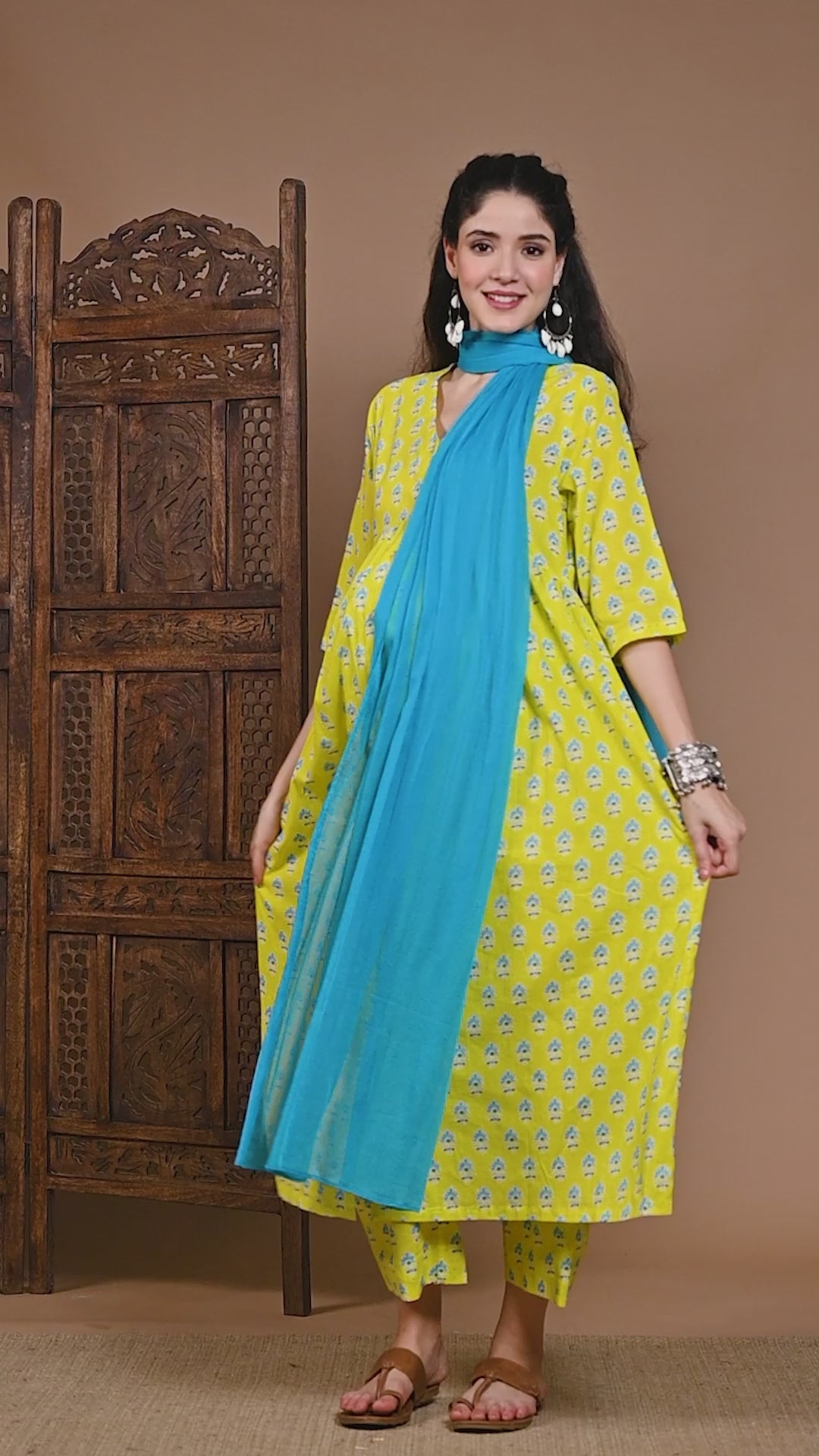 Yellow Floral Cotton Maternity Kurta with Trouser and Dupatta