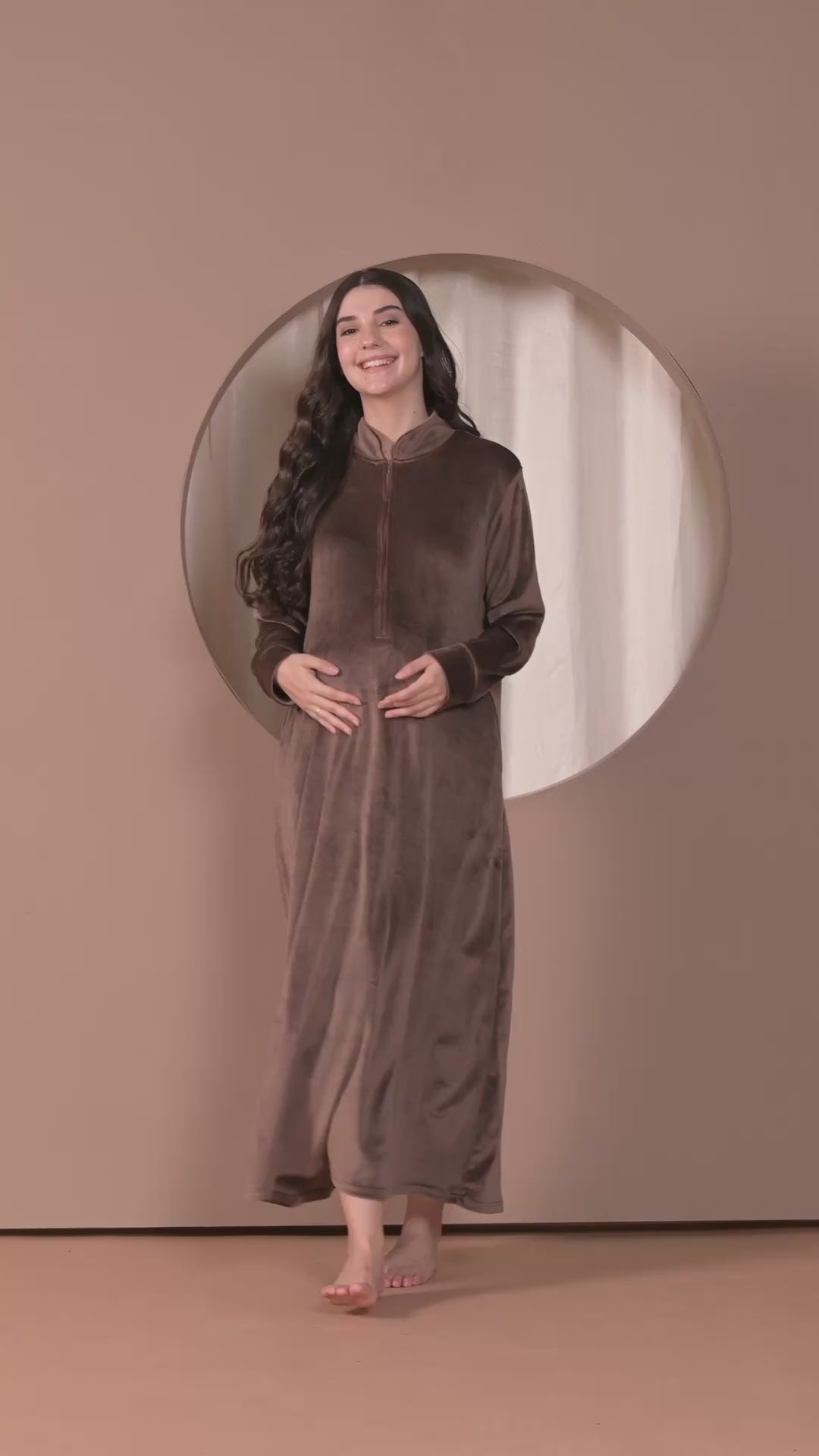 Brown Solid Velvet Winter Maternity Nighty