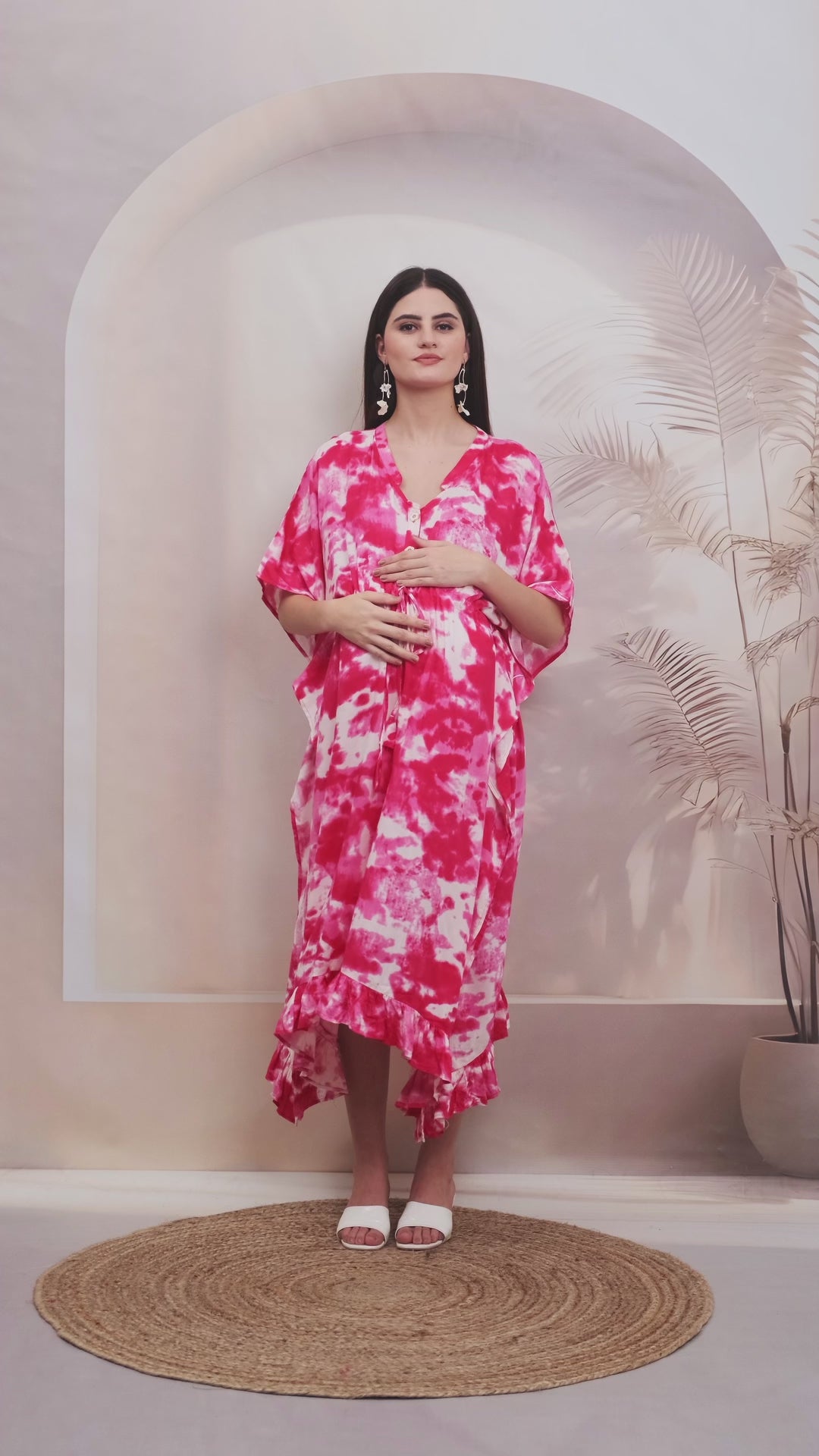 Tie & Dye Print Pink Rayon Maternity Kaftan