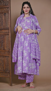 Lilac Floral Cotton Maternity Kurta with Trouser & Dupatta