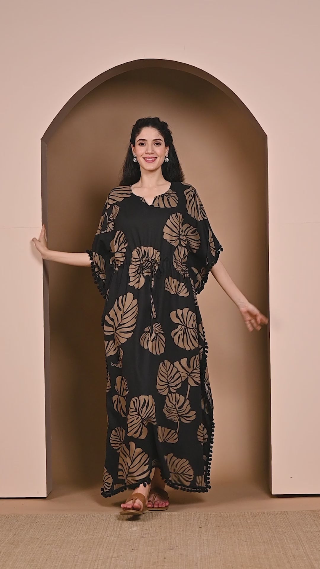 Black Floral Rayon Kaftan Full length
