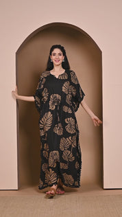 Black Floral Rayon Kaftan Full length