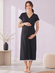 Black Solid Hosiery Zipless Maternity Nighty