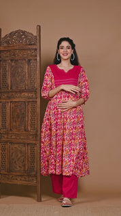 Pink Floral Cotton Calf Length Maternity Suit Set