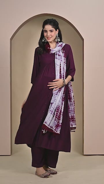 Wine Solid Rayon Maternity Kurta with Trouser & Dupatta