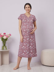 Lavender Floral Hosiery Zipless Maternity Nighty