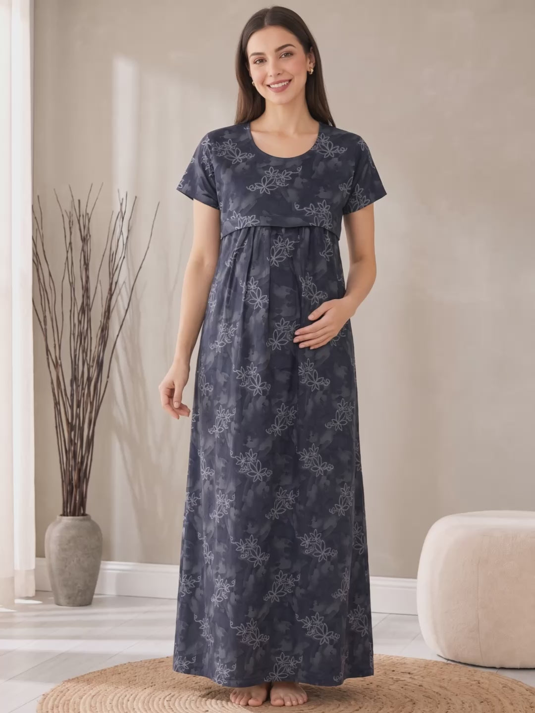 Deep Blue Floral  Cotton Maternity Nighty