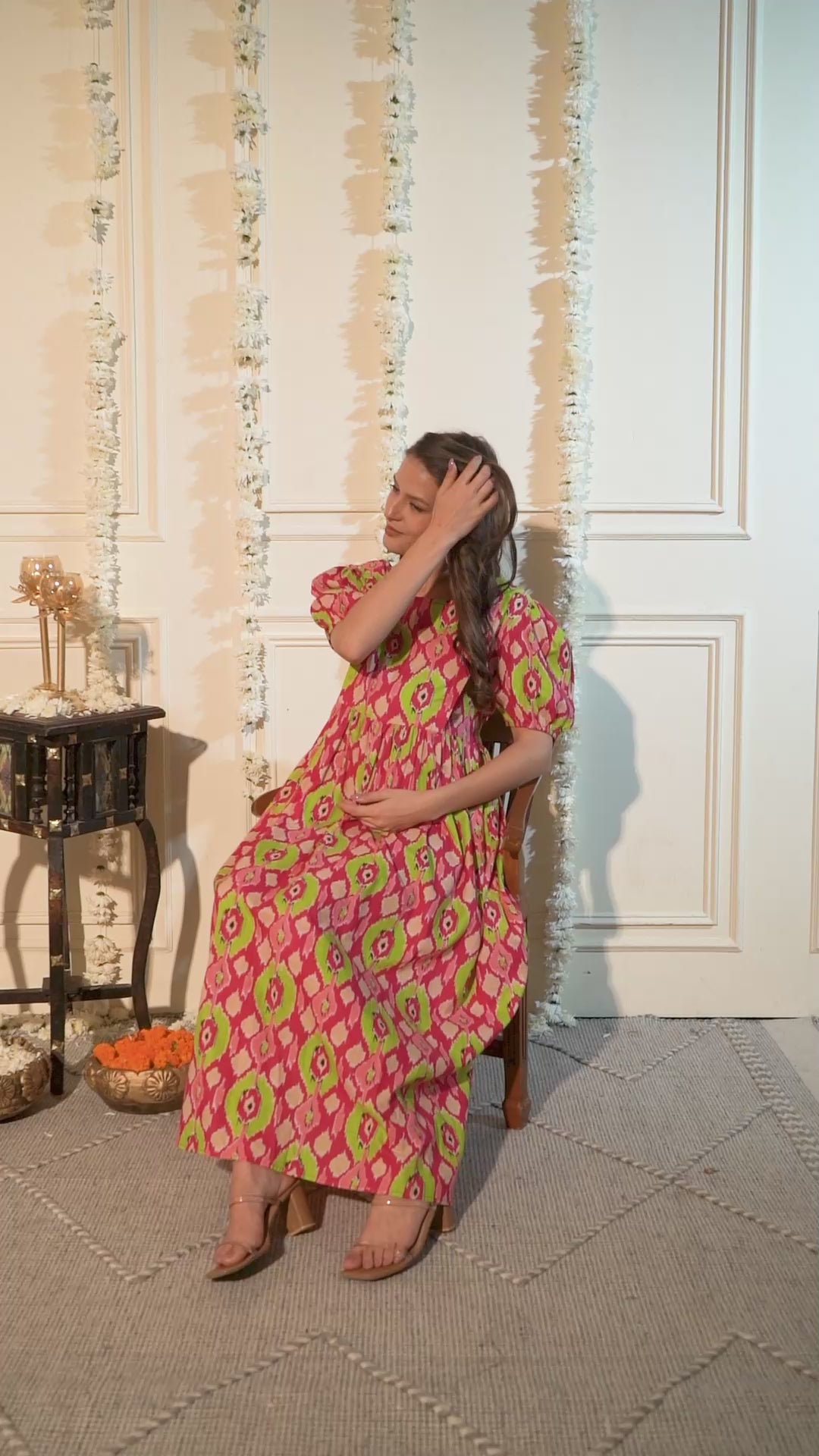 Geometric Print Multi Cotton Maternity Nightdress Calf Length