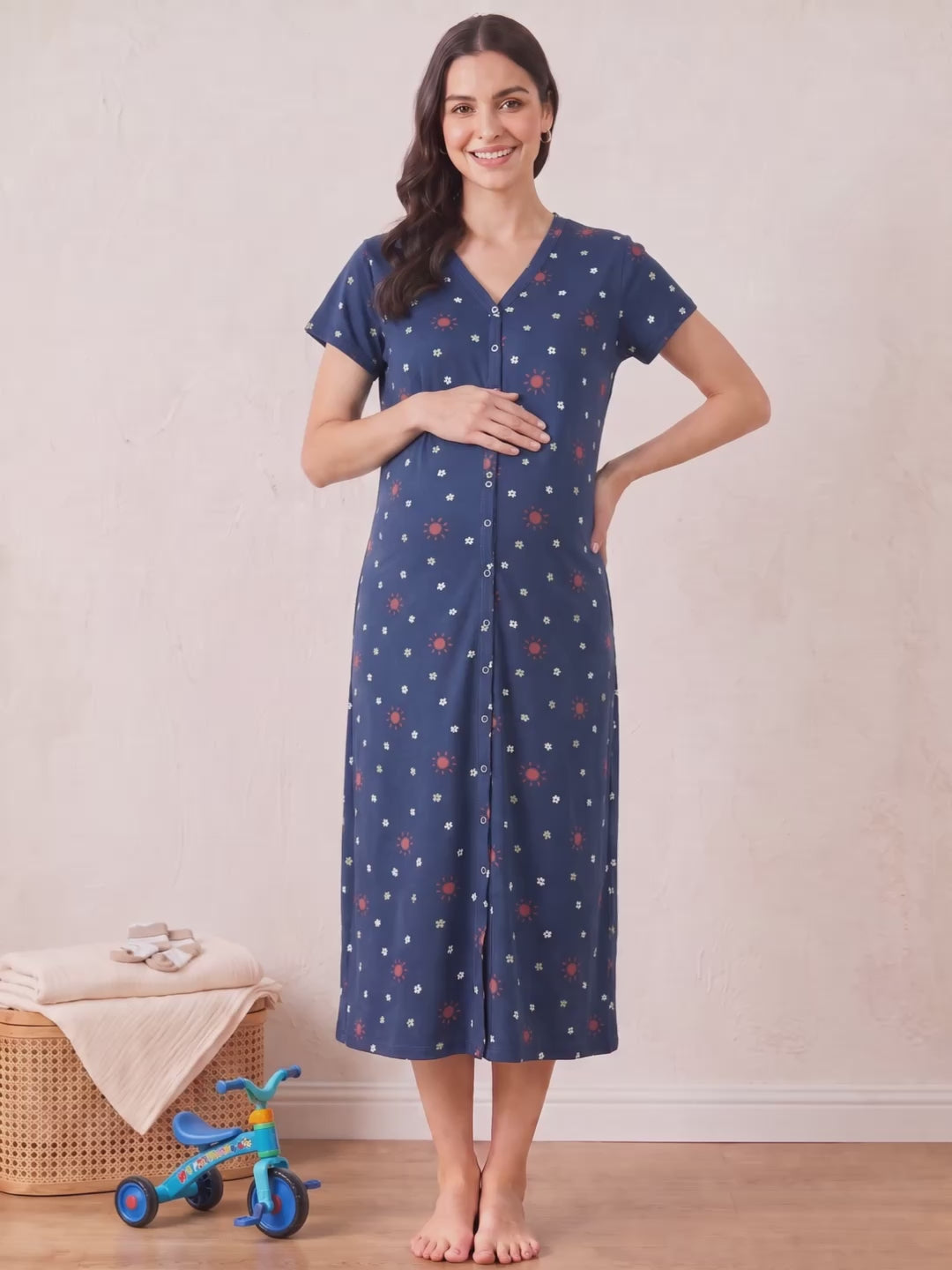 Blue Printed Hosiery Zipless Maternity Nighty