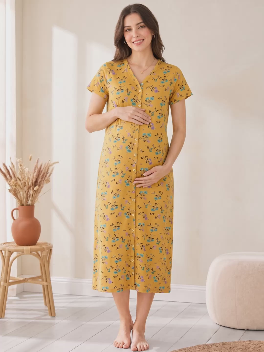 Yellow Floral Hosiery Zipless Maternity Nighty