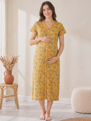 Yellow Floral Hosiery Zipless Maternity Nighty