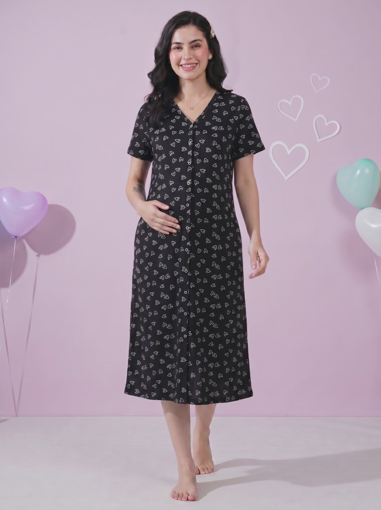 Black Heart Print Hosiery Zipless Maternity Nighty