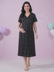 Black Heart Print Hosiery Zipless Maternity Nighty