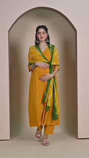 Mustard Solid Rayon Maternity Kurta with Trouser & Dupatta