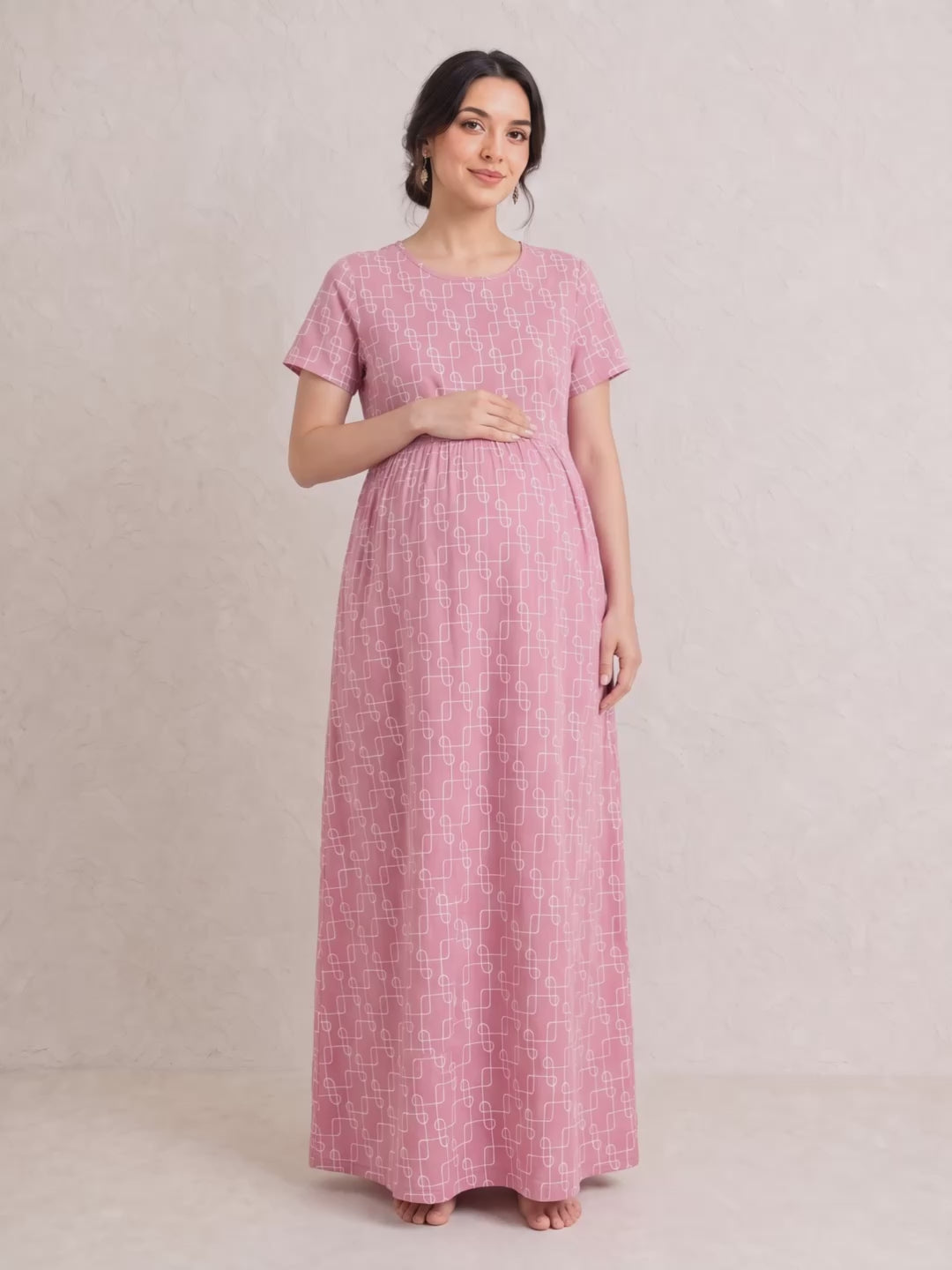 Pink Printed Hosiery Zipless Maternity Nighty