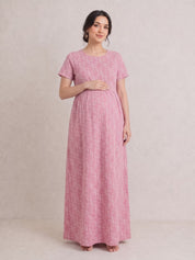 Pink Printed Hosiery Zipless Maternity Nighty