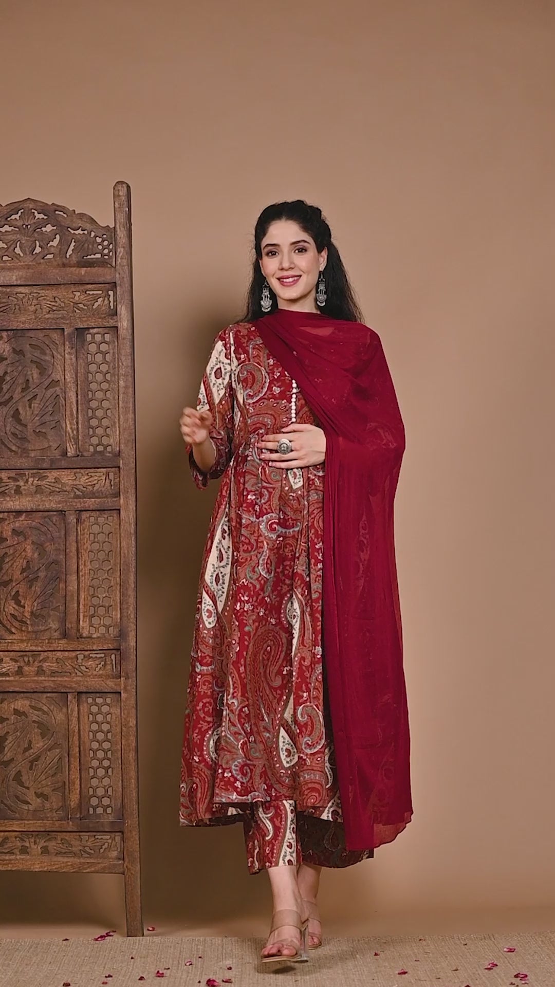 Maroon Paisley Cotton Maternity Kurta with Trouser and Dupatta