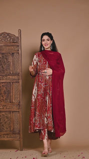 Maroon Paisley Cotton Maternity Kurta with Trouser and Dupatta