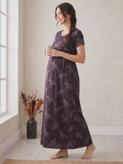Mauve Purple Floral  Cotton Maternity Nighty