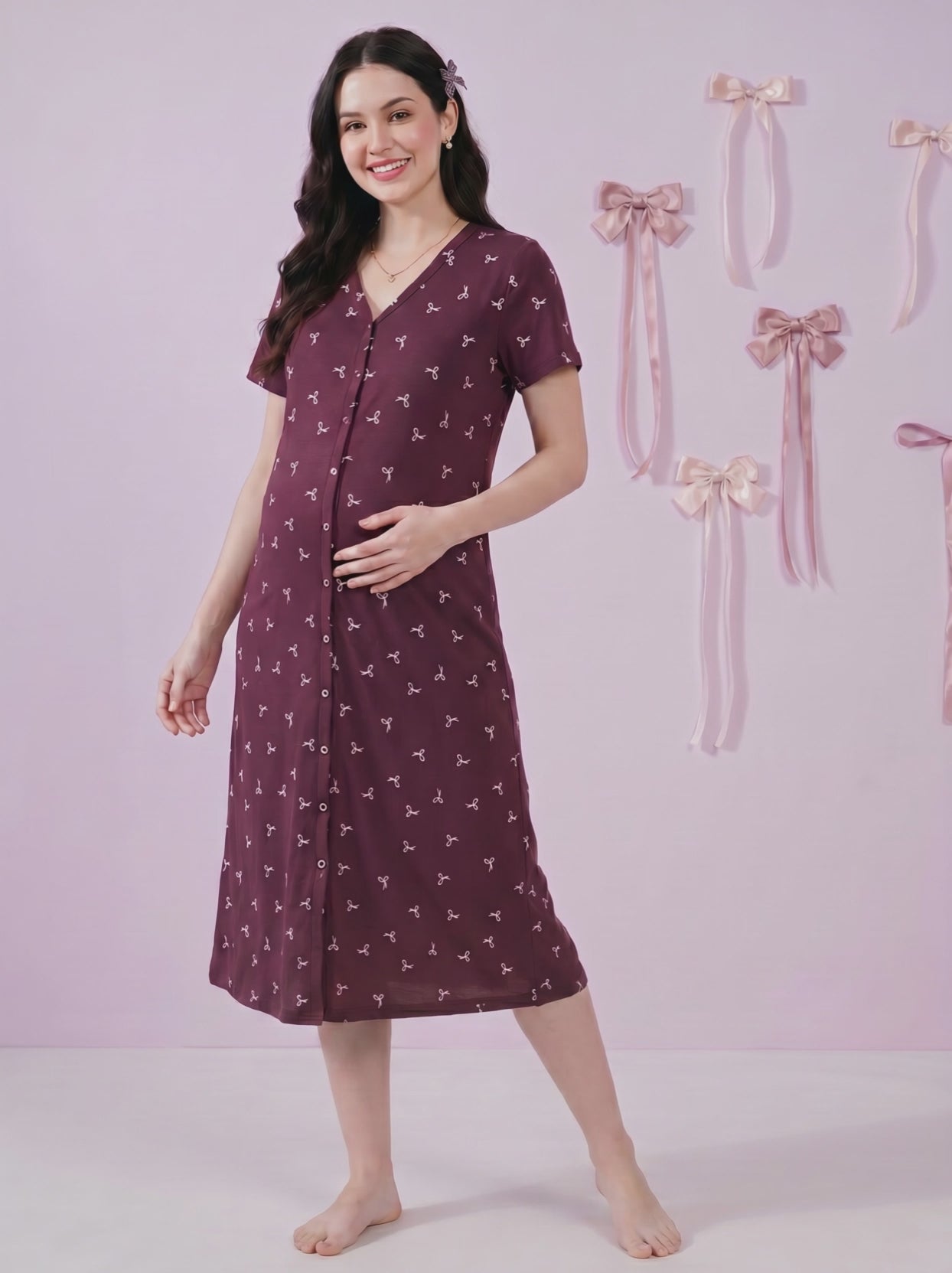 Purple Bow Print Hosiery Zipless Maternity Nighty