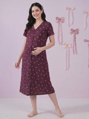 Purple Bow Print Hosiery Zipless Maternity Nighty