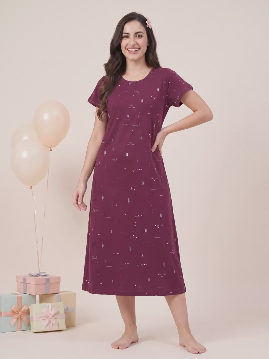 Purple Printed Hosiery Nighty