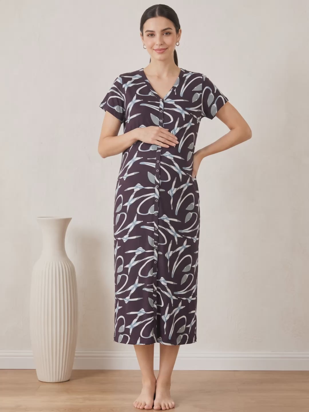 Brown Abstract Hosiery Zipless Maternity Nighty