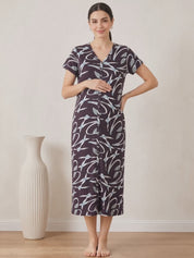 Brown Abstract Hosiery Zipless Maternity Nighty