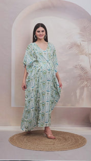 Printed Sea Green Rayon Maternity Kaftan