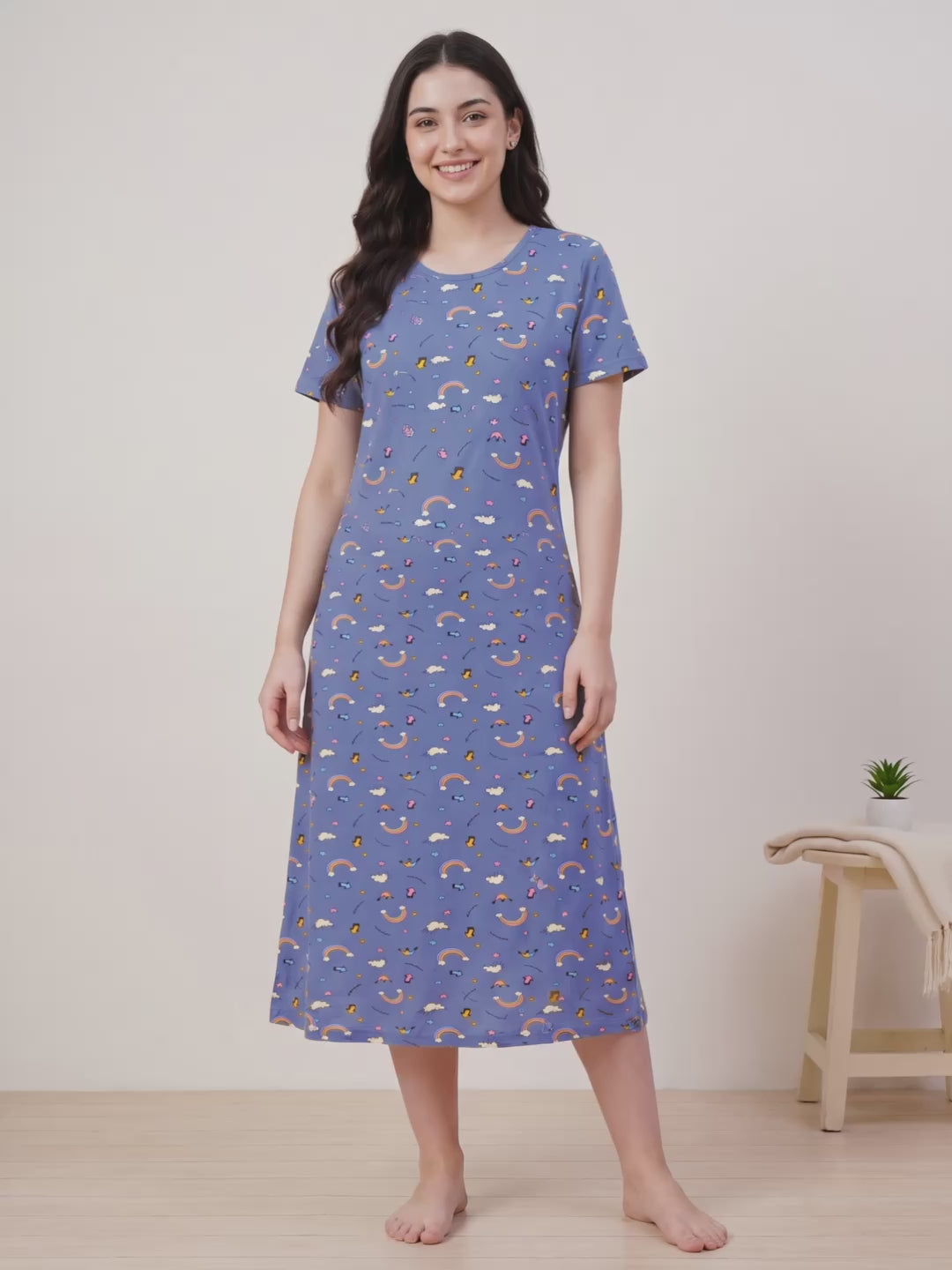 Blue Printed Hosiery Nighty
