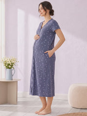 Blue Floral Hosiery Zipless Maternity Nighty